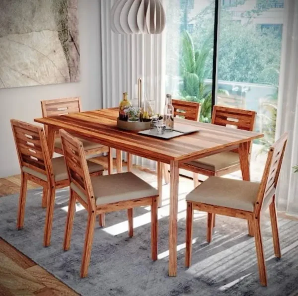 Simsim-Ginamon (6 seater) (with Cushion-Omega Pearl) -Natural Sheesham Wood Dining Set