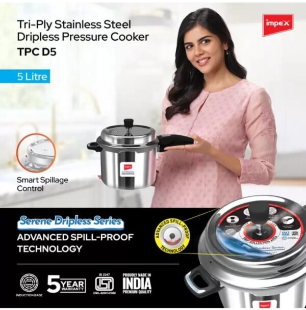 Impex Tri-Ply Stainless Steel Dripless Pressure Cooker – 5L (TPC D5) - Image 3