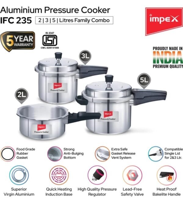 Impex Aluminium Pressure Cooker IFC 235 – Family Combo Pack (2L + 3L + 5L) - Image 5